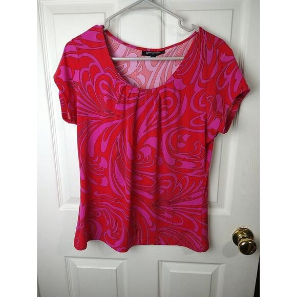 Grayson Pink Red Swirl Artsy Pullover Pleat Front Blouse. Size L - Picture 1 of 8